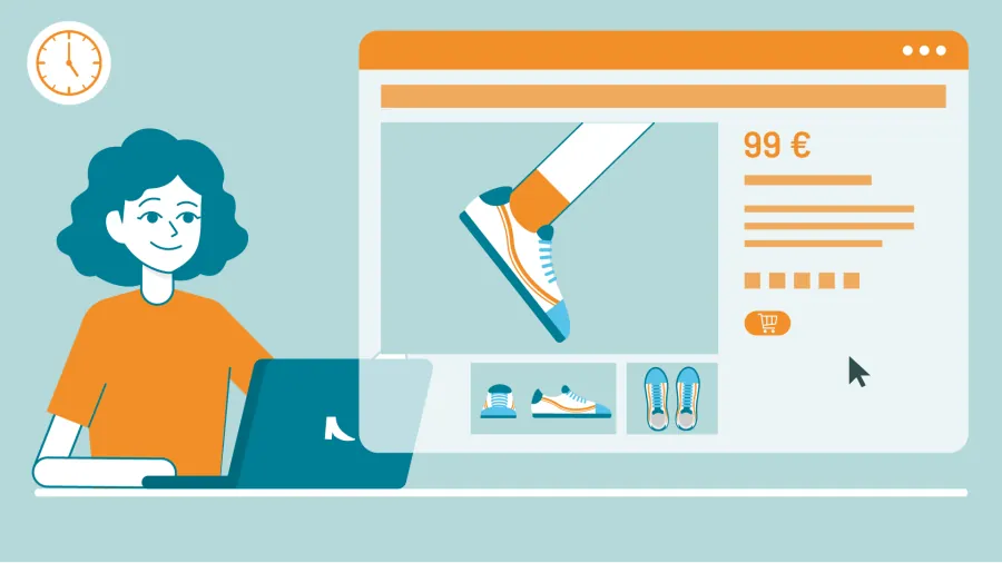 Illustration einer Frau am Computer mit einem Bild eines Onlineshops mit mehrere Produktbildern 
