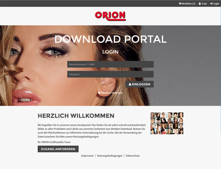 Startbild des Markenportals von ORION, ein Download Portal für Bildmaterial. Startbildschirm mit Bild einer Frau.