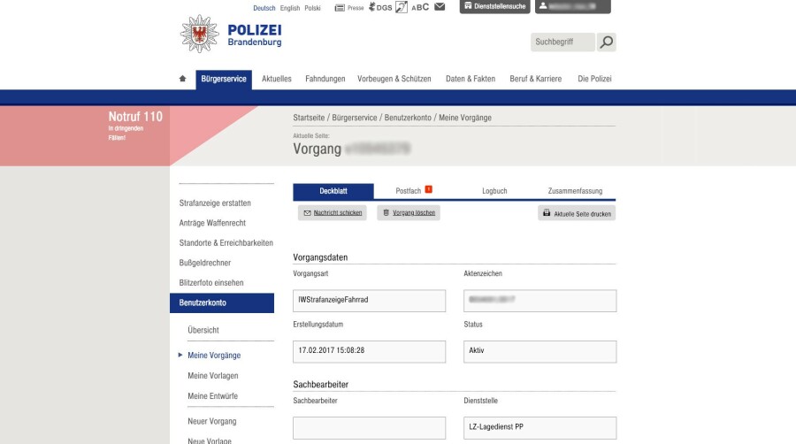 Screenshot Internetwache Polizei Brandenburg: Beispiel Fahrraddiebstahl