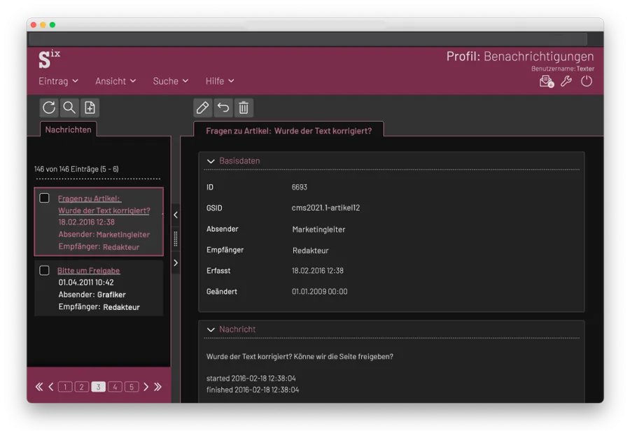 Screenshot der Benachrichtigungen im SixCMS im neuen sixberry Theme