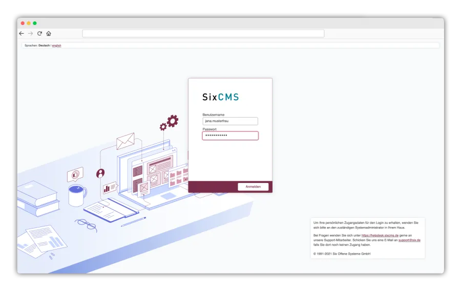 Login-Maske - Anmelde-Dialog für SixCMS mit einer Grafik im Hintergrund