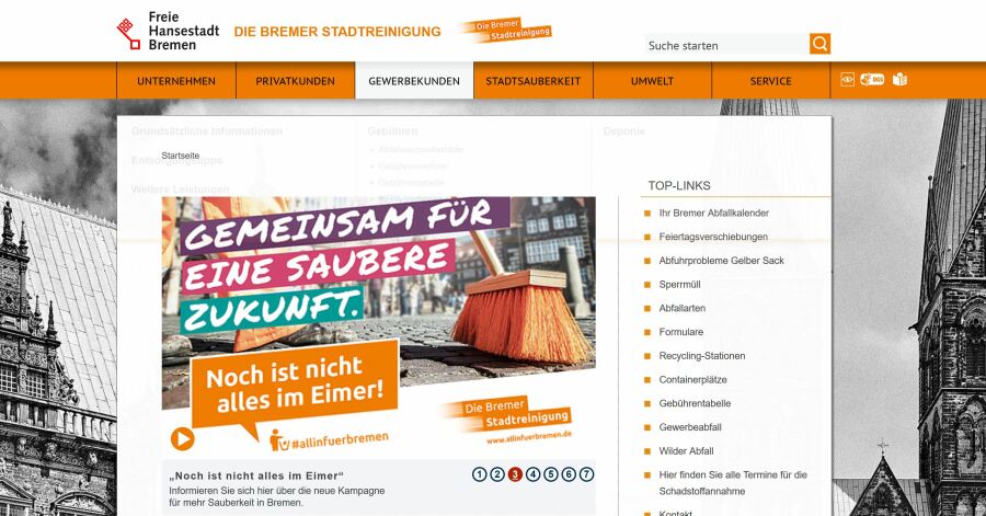 Screenshot Internetauftritte Land Bremen - Beispiel Stadtreinigung