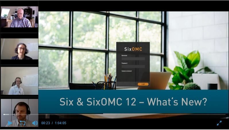 Bildschirm einer Präsentation mit SixOMC mit Fotos der Sprecher während der Aufzeichnung