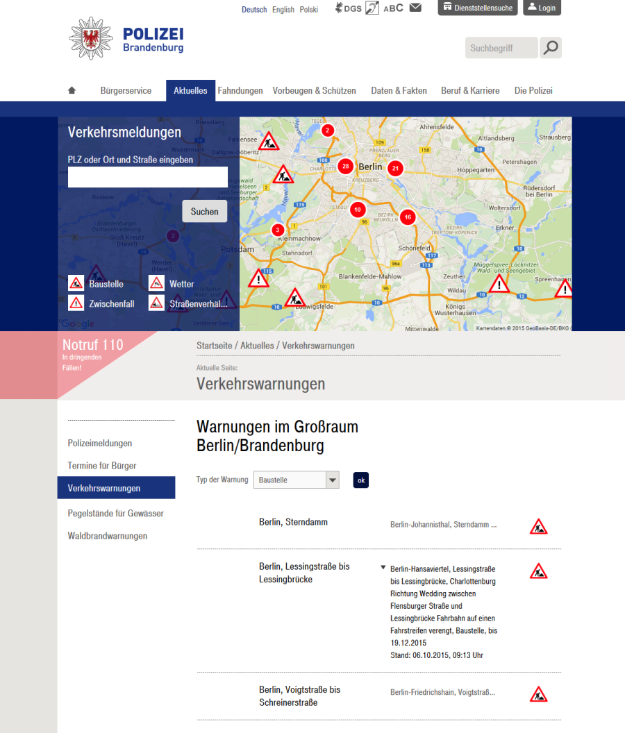 Webseite der Polzei Brandenburg - die Verkehrswarnungen 