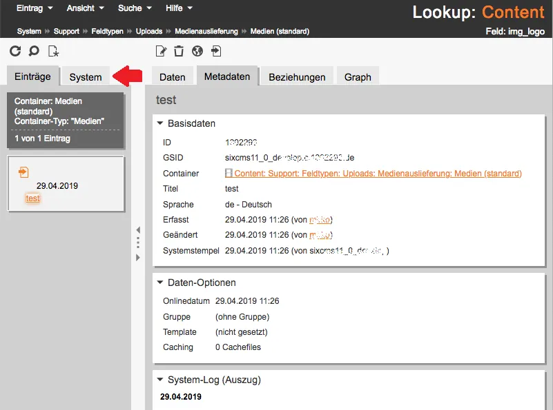Screenshot SixCMS 11.1 - System Reiter