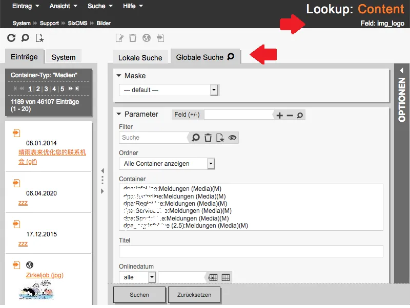 Screenshot SixCMS 11.1 - Reiter Globale/Lokale Suche